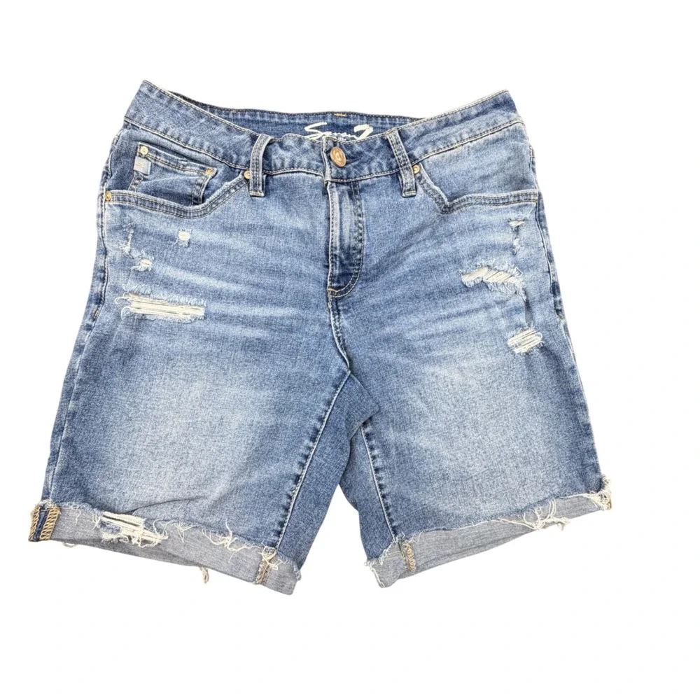 Seven7‎ Womens Distressed Denim Bermuda Shorts Blue Size 4 Cuffed Mid Rise